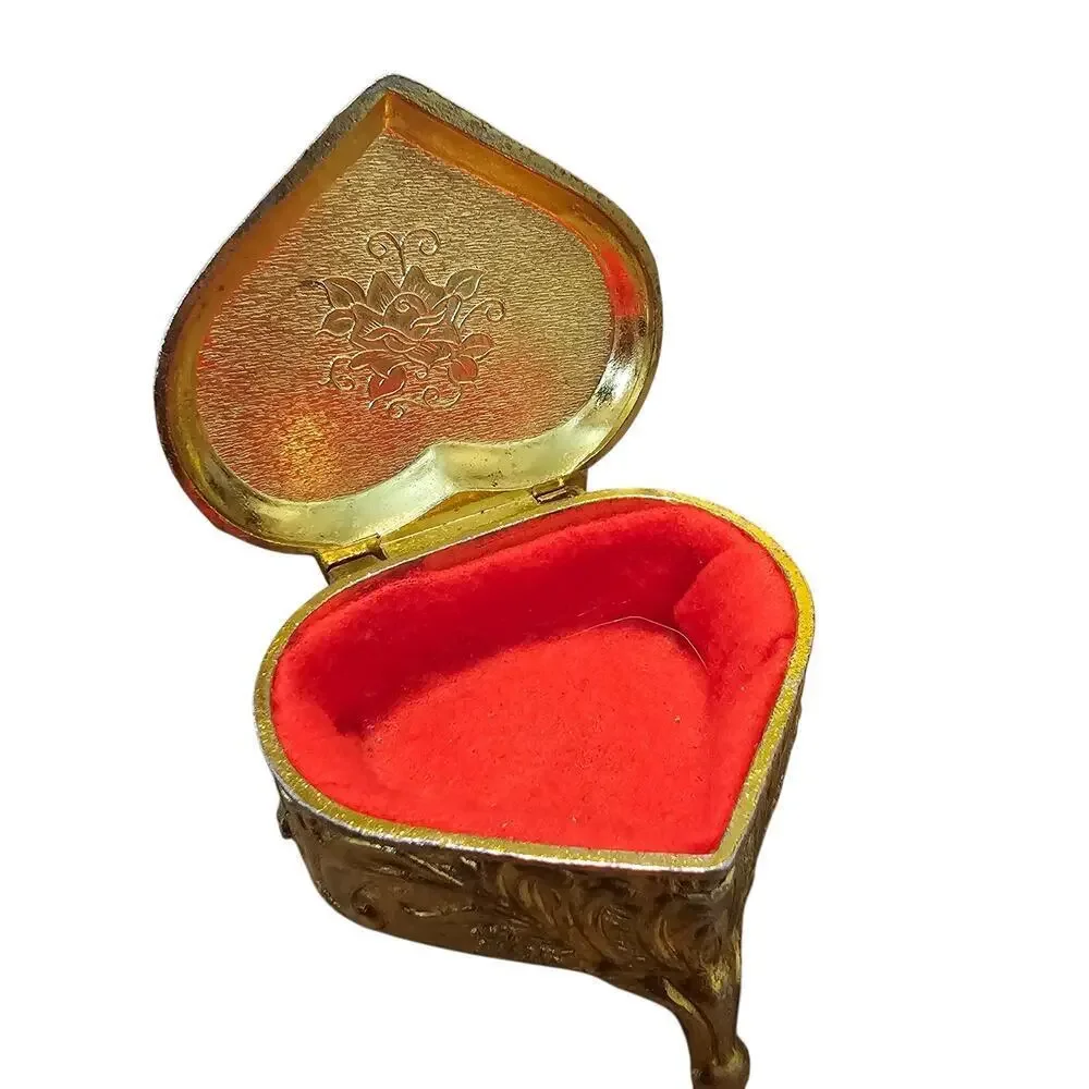 Vintage Gold Metal Heart Trinket Jewelry Box Cherub Velvet Japan Renaissance